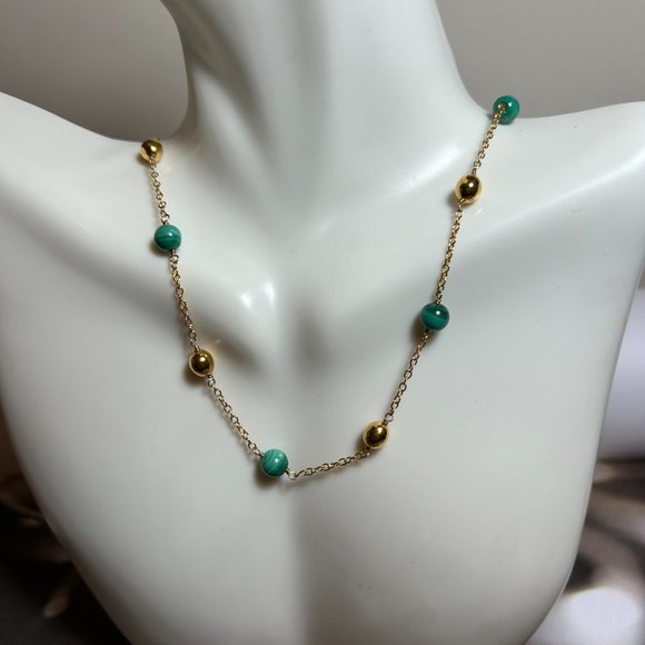 Signed J. Crew 925 Sterling Silver Yellow Gold Vermeil Green Malachite Necklace - Picture 2 of 8